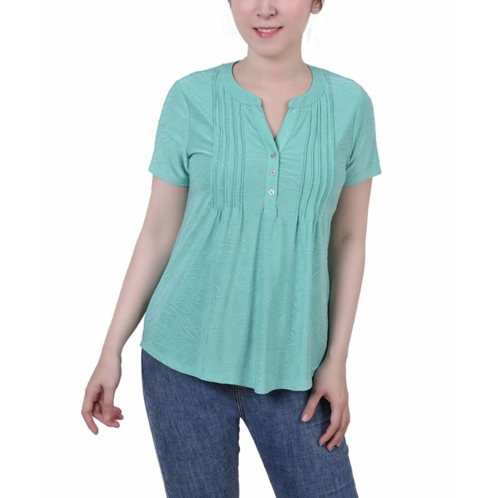 NY Collection Petite Short Sleeve Y Neck Jacquard Knit Top